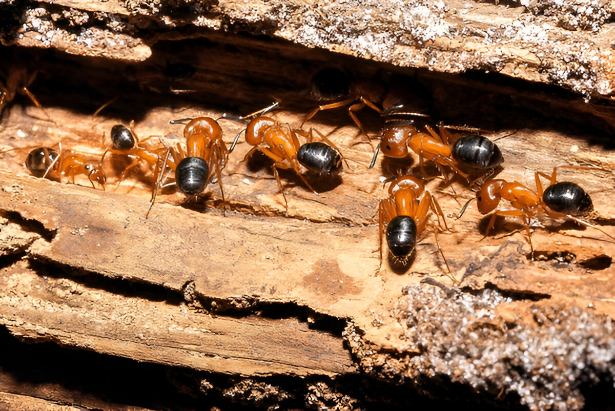 carpenter ants on a wooden surface